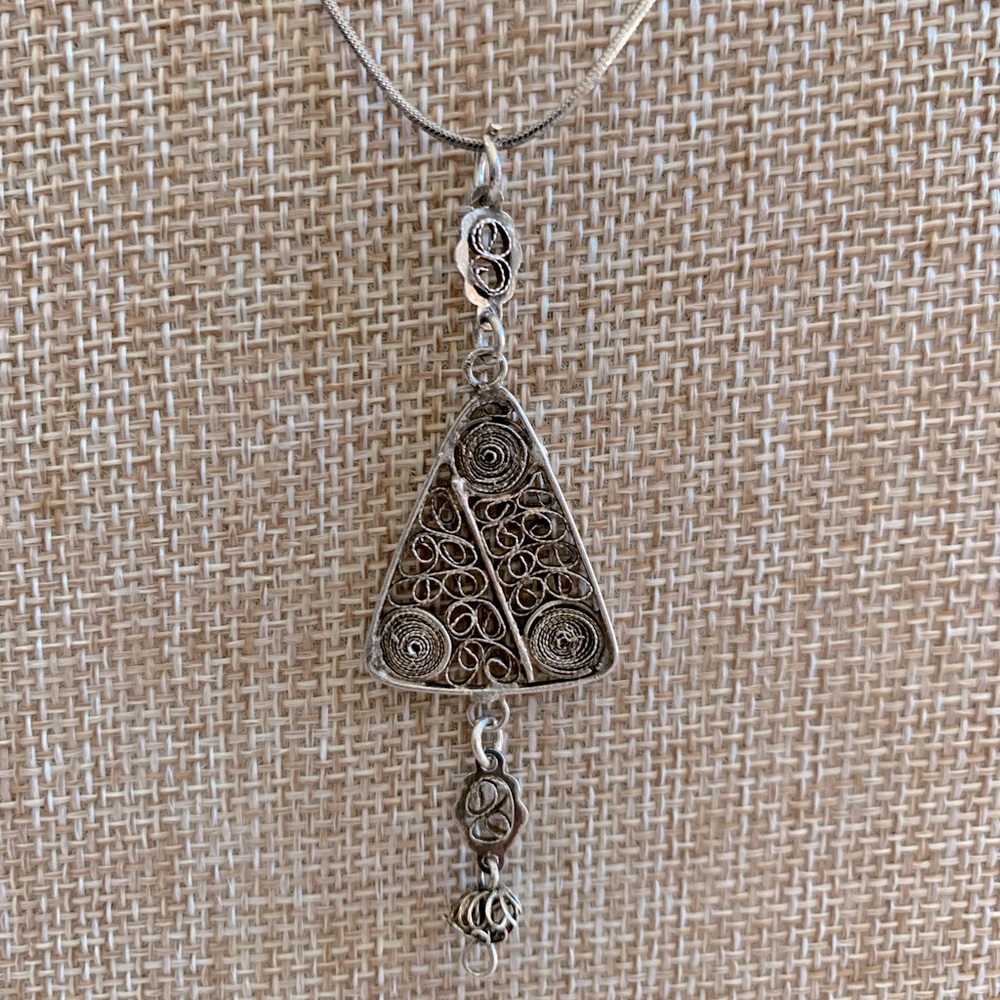 Sterling Silver 925 Artisan Made Filigree Drop Pendant Necklace